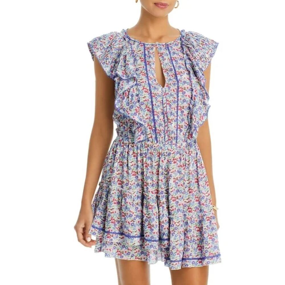 Poupette St. Barth Bambi Mini Dress Blue Jardin Floral Ruffle Tiered SMALL